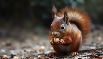 Cute small mammal eating nut, sitting on branch in autumn generated by AI photo