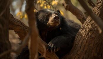 grande primate sentado en un rama, mirando a cámara en bosque generado por ai foto