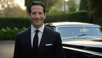 A confident businessman in a suit, smiling outdoors, driving a car generated by AI photo