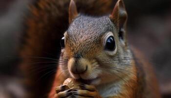 Fluffy rodent eating, looking, sitting on tree, nature tranquility generated by AI photo