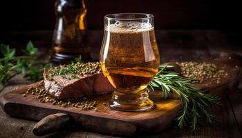 Grilled beef steak on wooden table with beer glass and wine bottle generated by AI photo