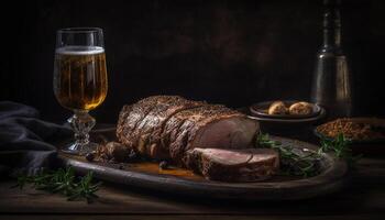 Grilled pork steak on a rustic wooden table, a gourmet meal generated by AI photo