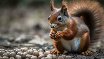 Cute small mammal eating nut, sitting outdoors, looking at camera generated by AI photo