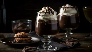 Gourmet dessert dark chocolate milkshake with whipped cream and cookie generated by AI photo