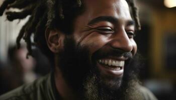 africano americano hombre con barba sonriente, exudando confianza y felicidad generado por ai foto