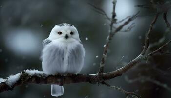 Snowy owl perched on branch, looking at camera in winter forest generated by AI photo