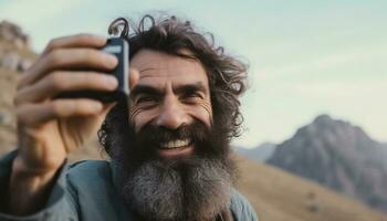 A bearded man outdoors, smiling, taking a selfie with his phone generated by AI photo