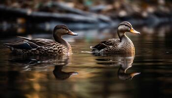 A beautiful mallard duck quacks by the tranquil pond in autumn generated by AI photo