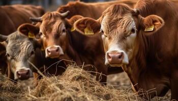 vacas pasto en un verde prado, un pacífico rural escena generado por ai foto