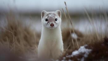 Cute mammal looking at camera, fluffy fur, walking in snow generated by AI photo