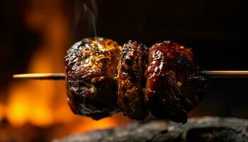 A la parrilla carne en fuego, natural calor, parilla, carbón, cerca arriba Cocinando generado por ai foto