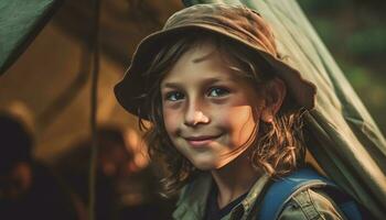 sonriente niño al aire libre, felicidad en naturaleza, linda retrato de infancia generado por ai foto