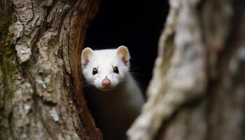 Cute furry kitten sitting on tree branch, looking at camera generated by AI photo