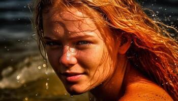 A smiling woman enjoys the refreshing water under the summer sun generated by AI photo