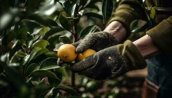 A farmer hand holds a ripe orange, symbolizing healthy agriculture generated by AI photo