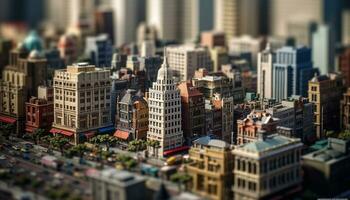 Cityscape of modern skyscrapers in a crowded financial district at dusk generated by AI photo