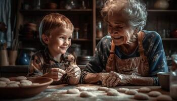 un sonriente caucásico familia horneando juntos en su Doméstico cocina generado por ai foto