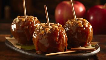 indulgente postre gastrónomo caramelo sumergido Fruta en un chocolate brocheta generado por ai foto