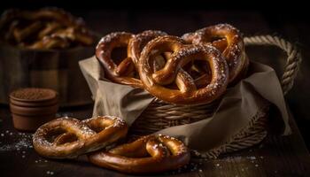 Crunchy pretzel snack on rustic wood table, ready to eat indulgence generated by AI photo