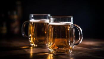 A frothy beer mug on a wooden table, refreshing and cold generated by AI photo