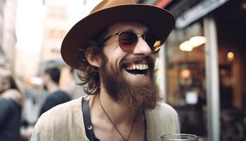 un alegre joven hombre con un barba disfrutando ciudad vida generado por ai foto