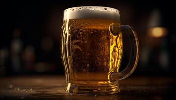 A frothy beer mug sits on a wooden table in a pub generated by AI photo