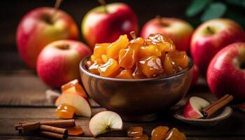 Fresh apple slice on wooden table, a healthy autumn snack generated by AI photo