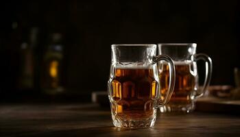 Alcohol drink on table in pub, frothy glass, fresh golden brew generated by AI photo