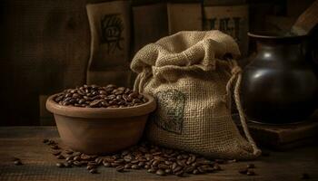 Bag of burlap holds fresh coffee beans, rustic and aromatic generated by AI photo