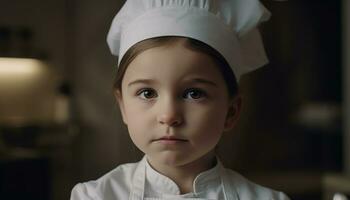 linda caucásico niño cocinero sonriente, Cocinando en cocina con confianza generado por ai foto