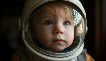 un linda bebé chico con azul ojos mirando a cámara generado por ai foto