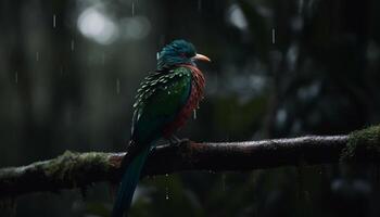 A vibrant macaw perching on a branch in the rainforest generated by AI photo