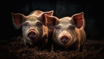 Cute piglet on a farm, snout covered in mud, looking at camera generated by AI photo