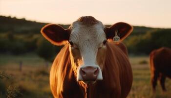 Cows graze on green meadow, enjoying nature beauty at sunset generated by AI photo