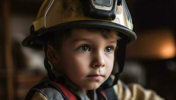 linda niño en trabajo casco, mirando a cámara con confianza generado por ai foto