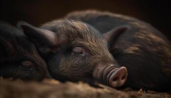 Cute piglet sleeping in the grass on a farm generated by AI photo