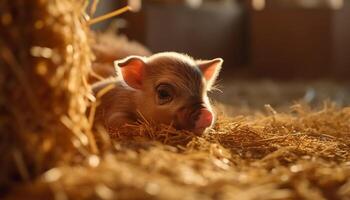 linda cerdito en un granja, rodeado por heno y naturaleza generado por ai foto