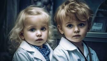 Cute Caucasian child smiling, looking at camera, playing with friends generated by AI photo