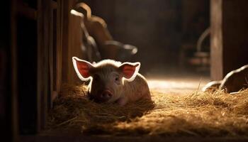 linda cerdito en un granja, rodeado por naturaleza y heno generado por ai foto