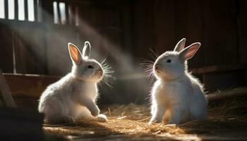 Cute rabbit pets, small and fluffy, sitting in nature generated by AI photo