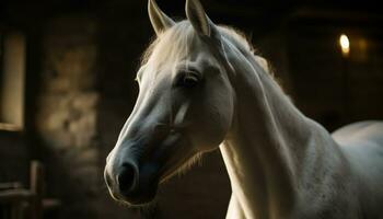 Beautiful horse portrait in nature, close up of majestic stallion generated by AI photo