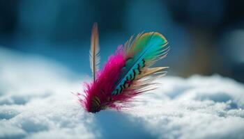 Fluffy feather, vibrant colors, nature beauty in close up generated by AI photo