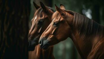 hermosa caballo pasto en un prado, un retrato de naturaleza generado por ai foto