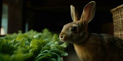 linda bebé Conejo sentado en césped, comiendo zanahoria, mirando adorable generado por ai foto