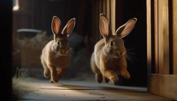 linda Conejo corriendo en naturaleza, mullido pelo, pequeño animal generado por ai foto