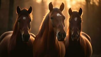 caballo pasto en prado, puesta de sol ilumina tranquilo rural escena generado por ai foto