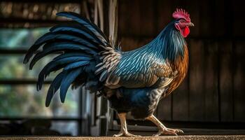 majestuoso gallo en pie orgulloso, rodeado por naturaleza vibrante colores generado por ai foto