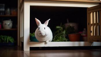 Cute fluffy rabbit sitting indoors, looking at camera with softness generated by AI photo