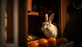 Cute rabbit sitting on a wooden table, eating vegetables indoors generated by AI photo