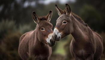 linda Burro y caballo pasto en prado, disfrutando naturaleza generado por ai foto